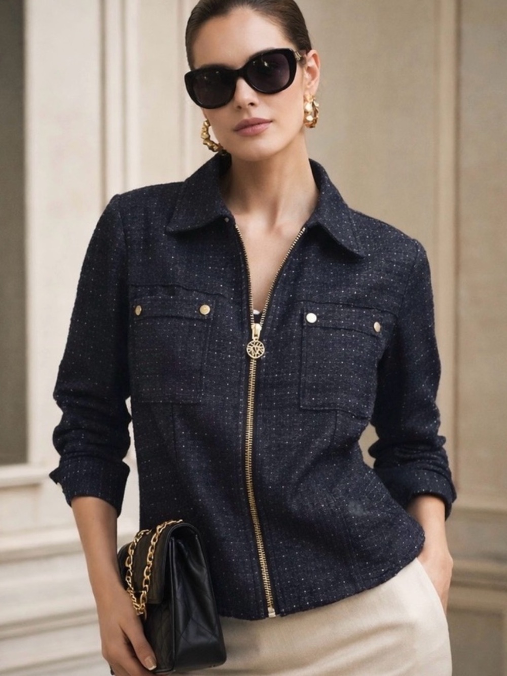 Anne Klein Dark Blue Patterned Jacket with Golden Thread and Accents